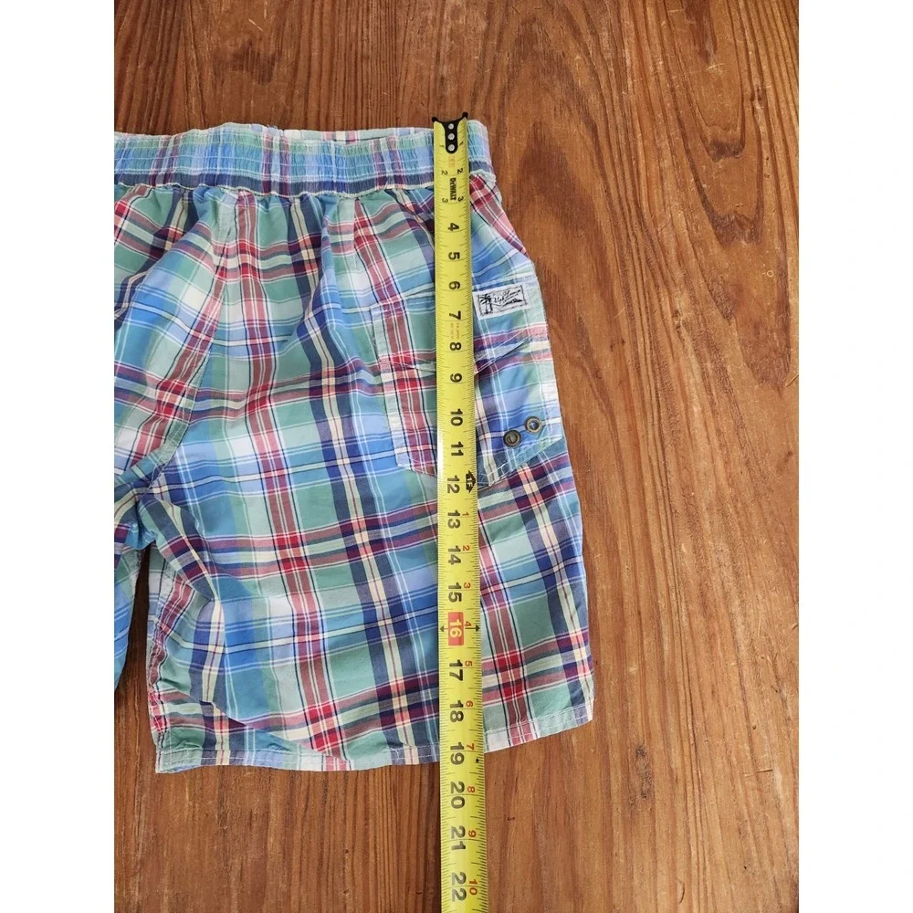 Polo Ralph‎ Lauren Blue Green Plaid Swim Trunks Shorts Mesh Yellow Pony Lrg Vtg
